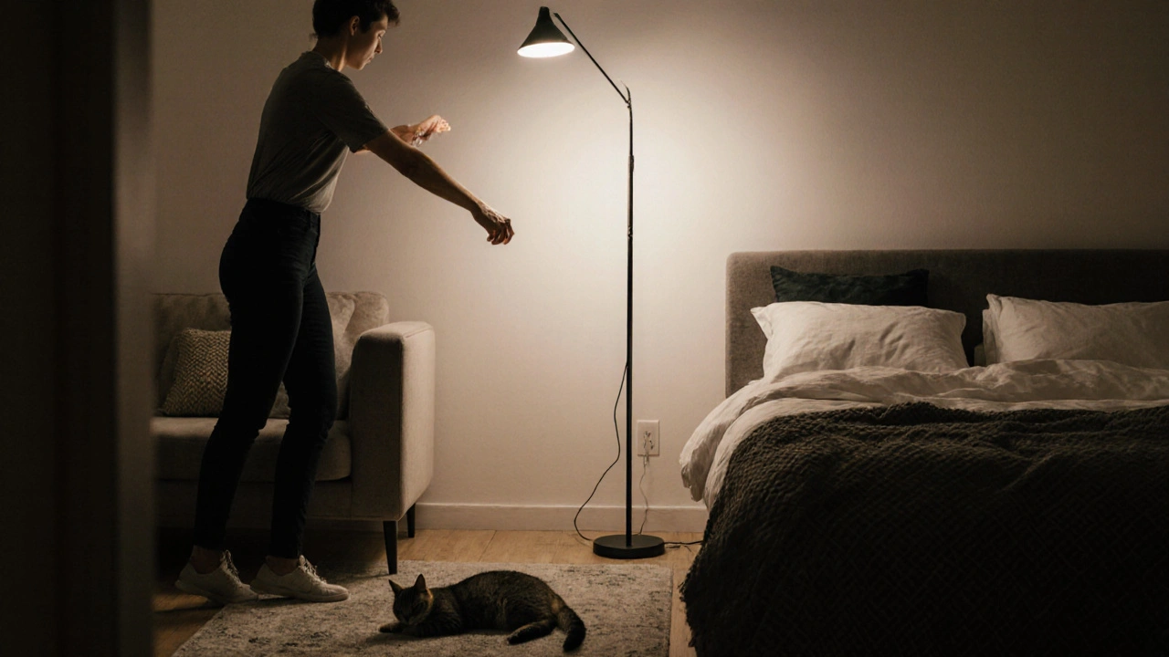 Rukou přesunutá stojací lampa z pohovky k posteli v malém bytě s měnícím se světlem.