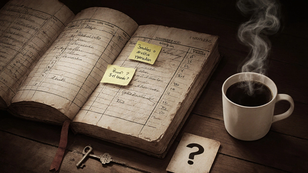 Stará kniha s účetními záznamy, klíč a článek o zvýšení anuity.