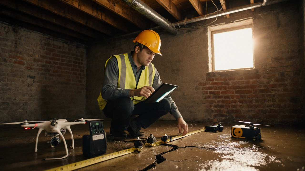 Stavební znalec vyšetřuje praskliny v základech s nářadím v podkroví.