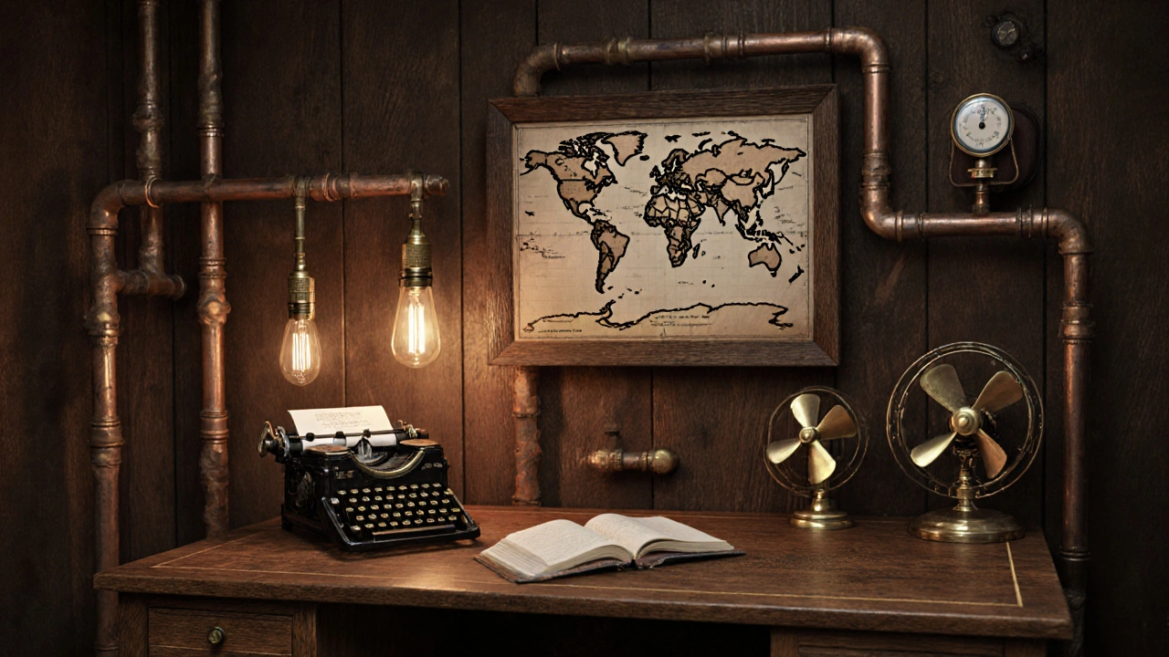 Studijní kout s mechanickou klávesnicí, manometrem a mosaznými detaily v teplém světle.