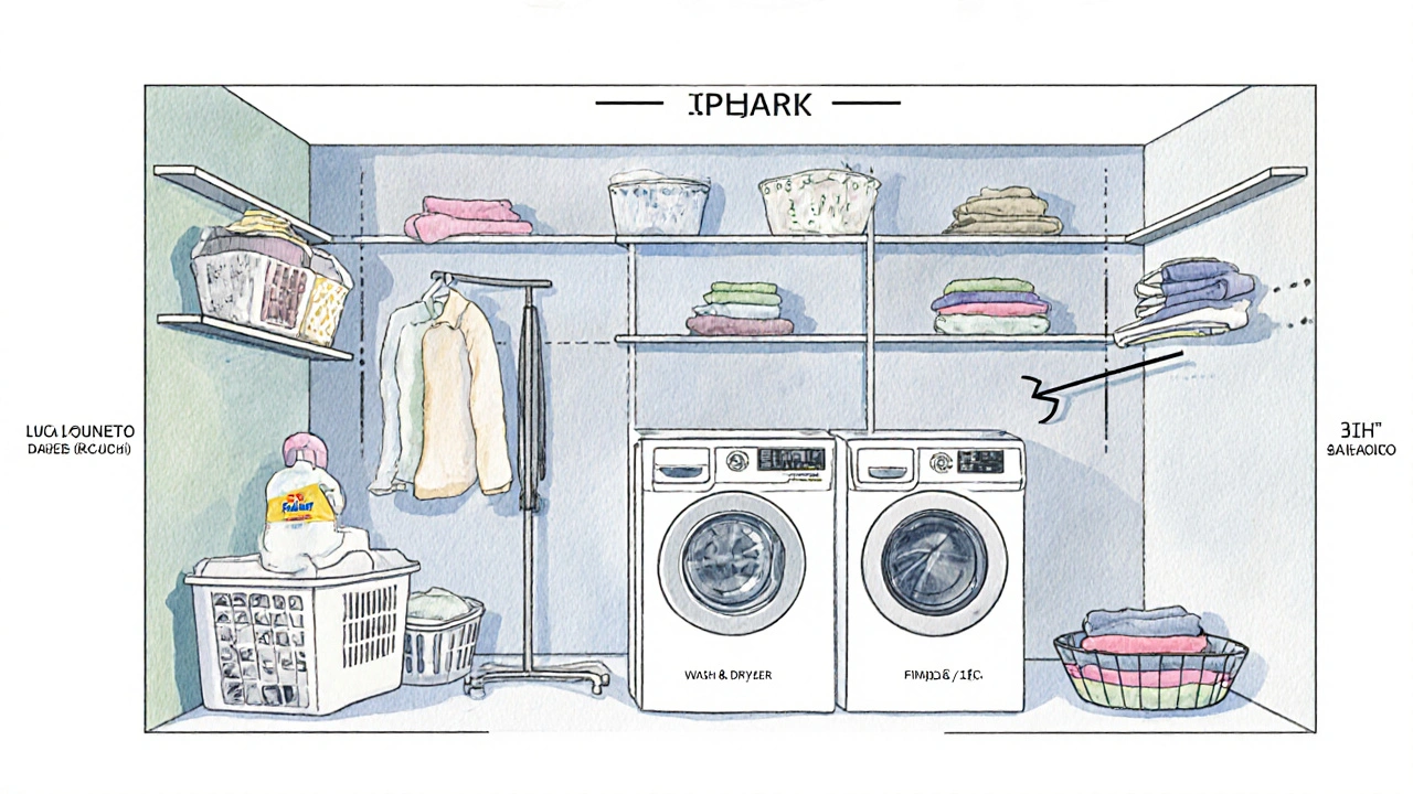 Tok práce v prádelně: tři zóny pro špinavé, prané a žehlené prádlo.