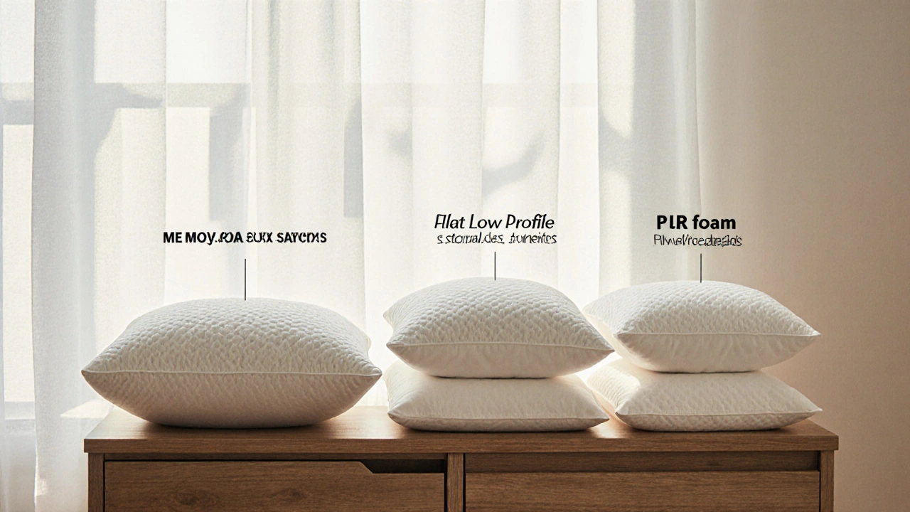 Tři typy polštářů — paměťová pěna, latex a PUR pěna — uspořádané na nočním stolku.