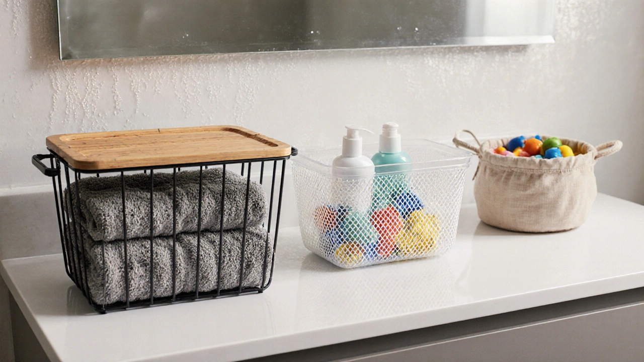 Tři typy úložných košů na koupelnové pultě: kovový, plastový a látkový.