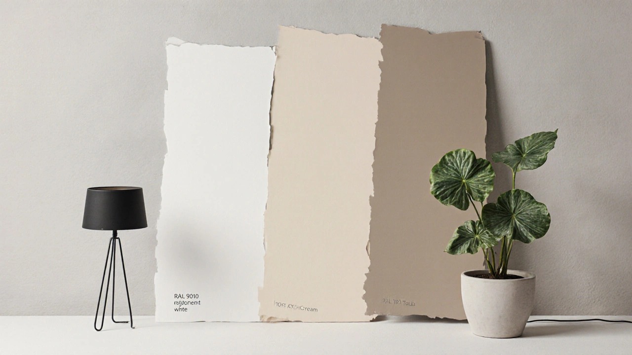 Tři vzorky barev s černou lampou a rostlinou, symbolizující klidný a moderní interiér.