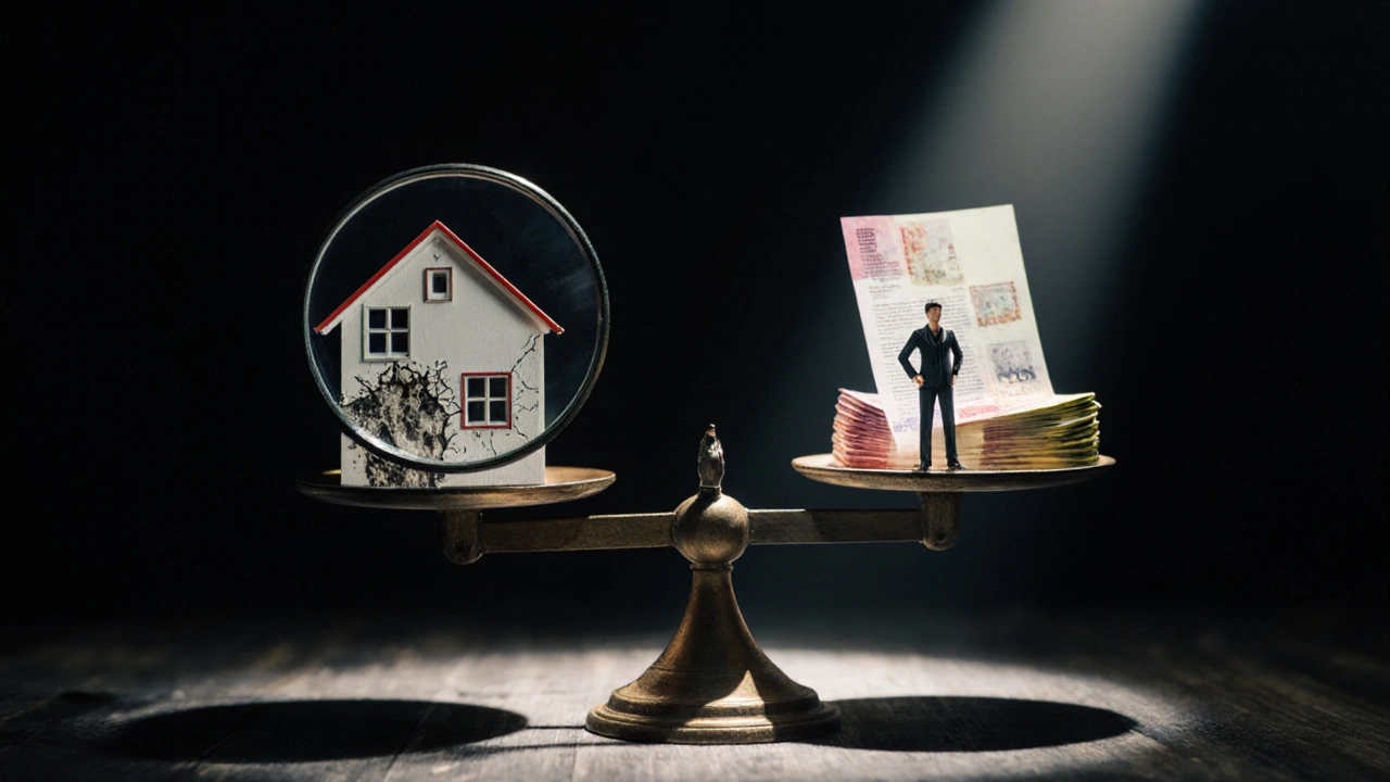 Váhy s domem a penězi, s magnifikátorem ukazujícím skryté vadě.