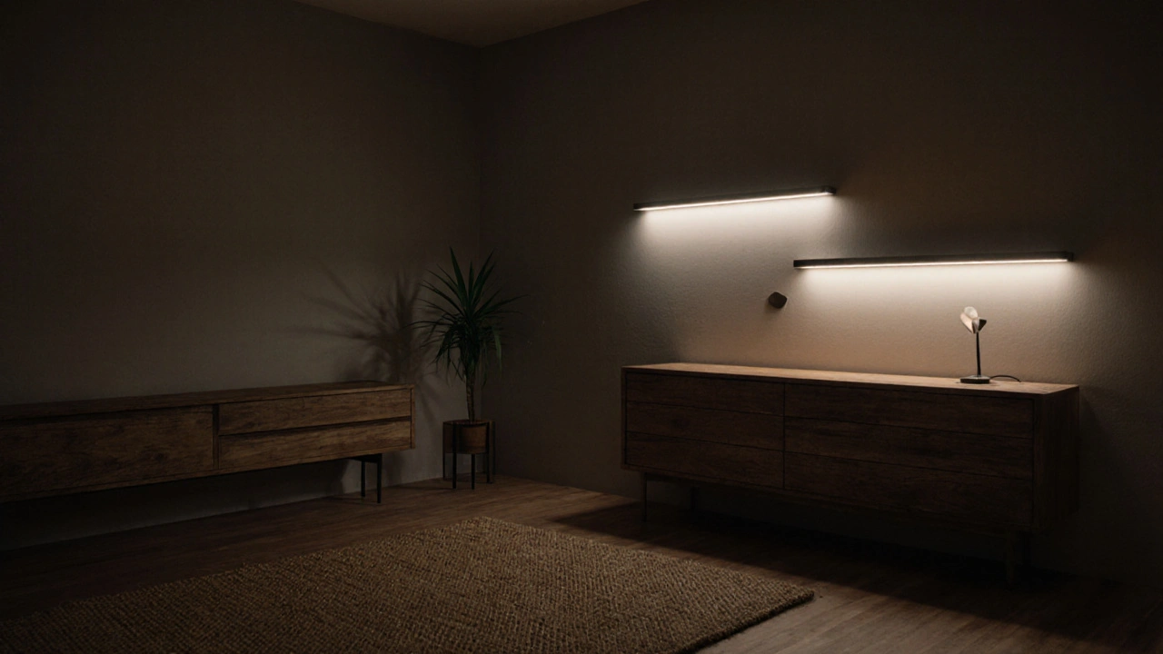 Večerní pohled na klidnou ložnici s přírodními materiály, teplým osvětlením a minimální dekorací, bez zrcadel a jasných barev.