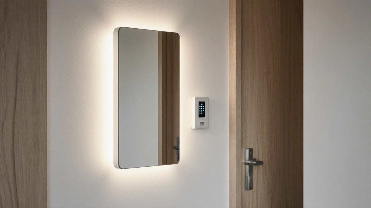 Zrcadlo v chodbě, které při zvonění přechází v displej videozvonku, skrývající technologii v elegantním designu.