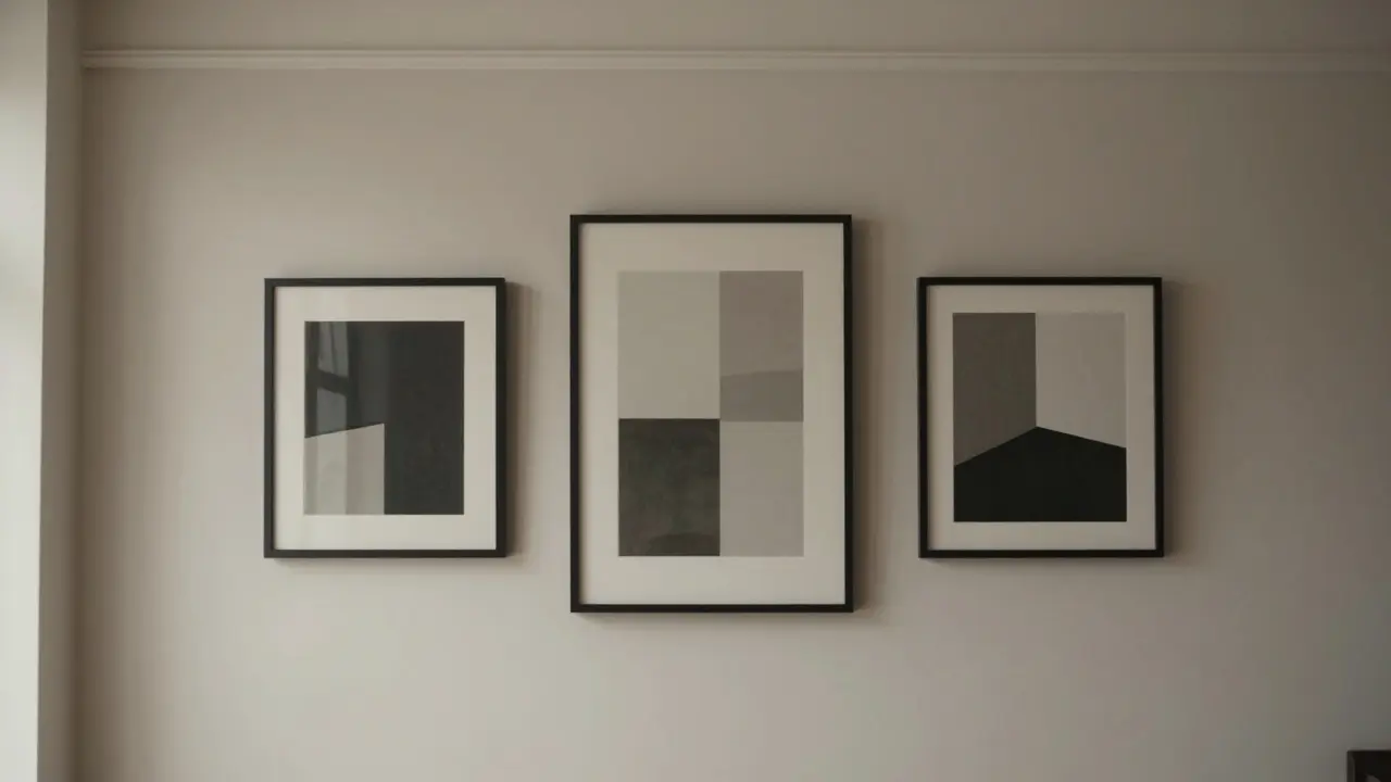 Asymetrická galerie obrazů na zdi s jednotnými rámky a lištou na vrcholu, osvětlená přirozeným světlem.