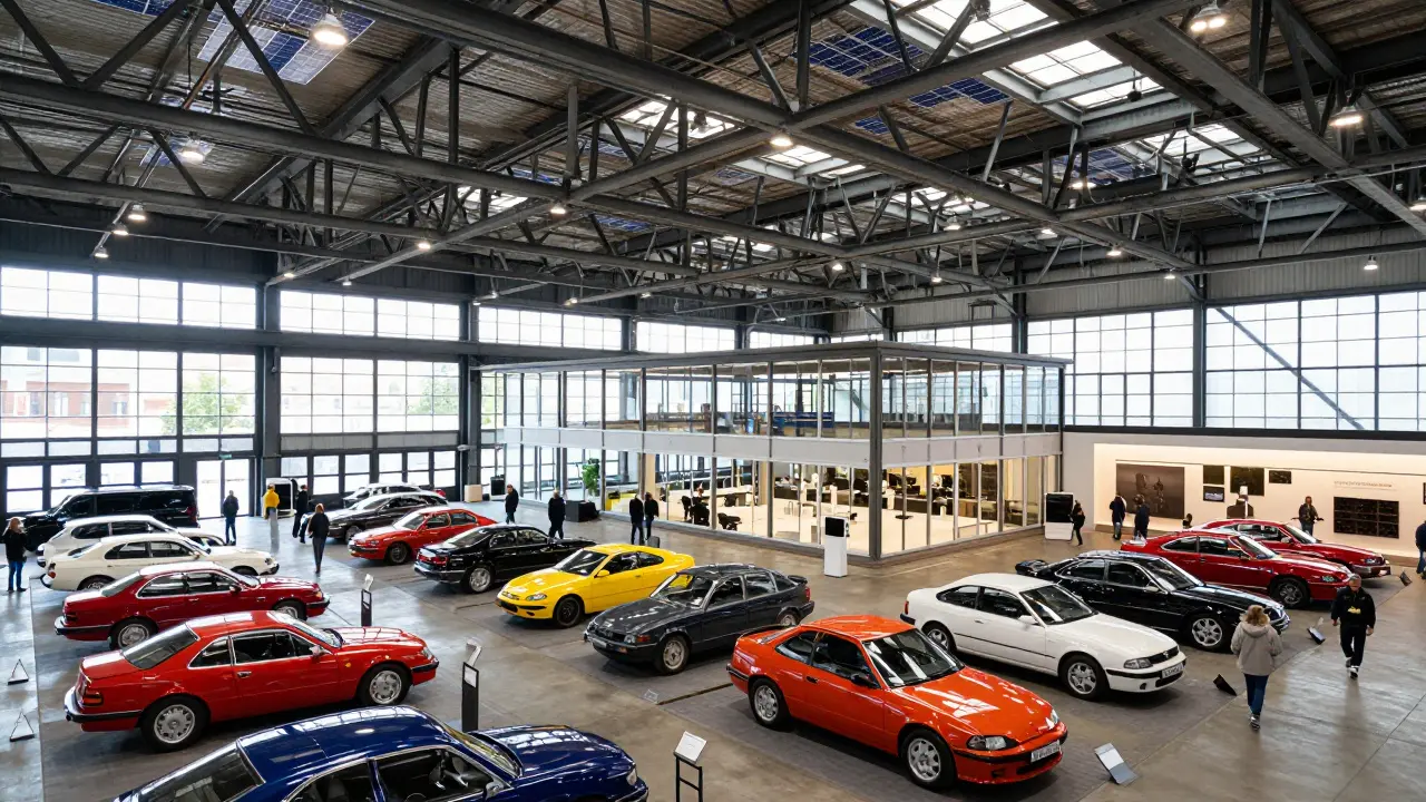 Car exhibition inside a repurposed industrial hall in Brno with high ceilings and solar panels.