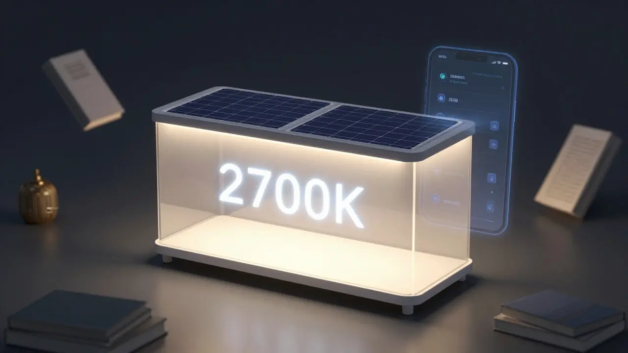 Chytrá vitrína s fotovoltaickými panely a měkkým světlem, symbolizující udržitelnou budoucnost nábytku.