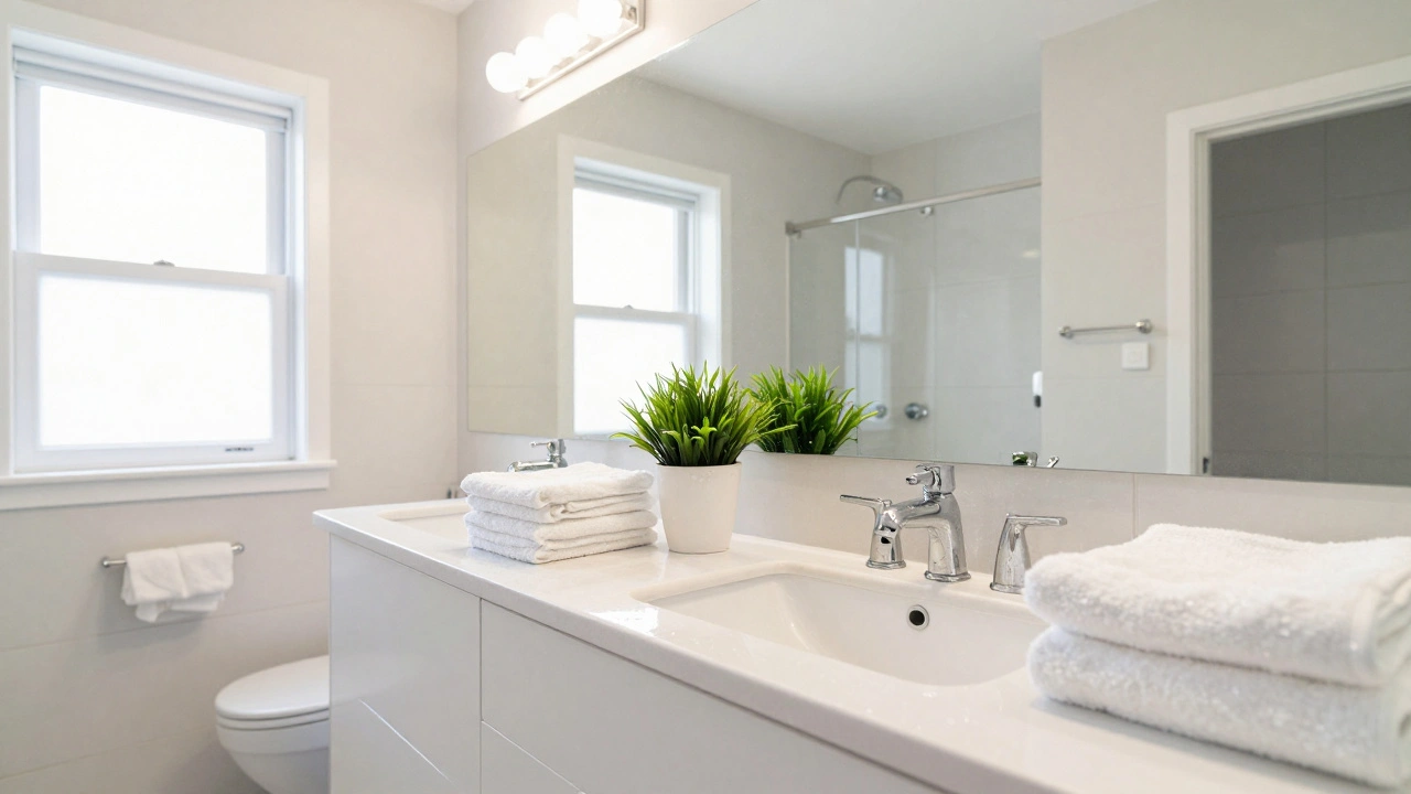 Čistá koupelna s odrážejícím zrcadlem a upravenými ručníky.