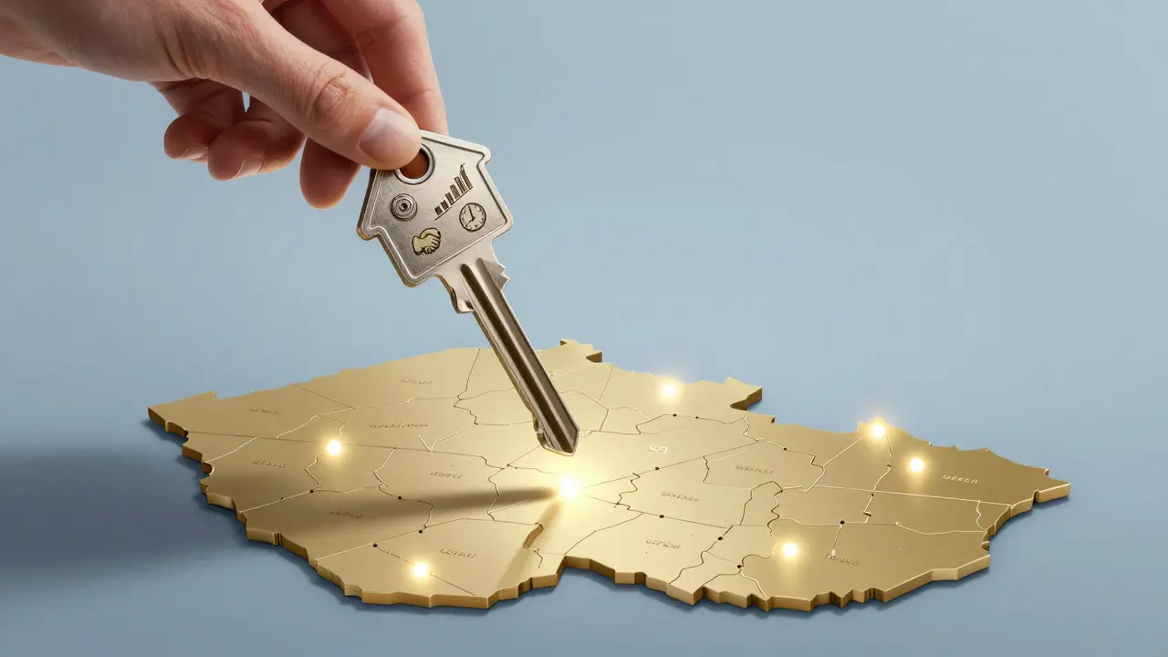 House-shaped key turning in lock, surrounded by symbols of marketing, sales growth, and local expertise.