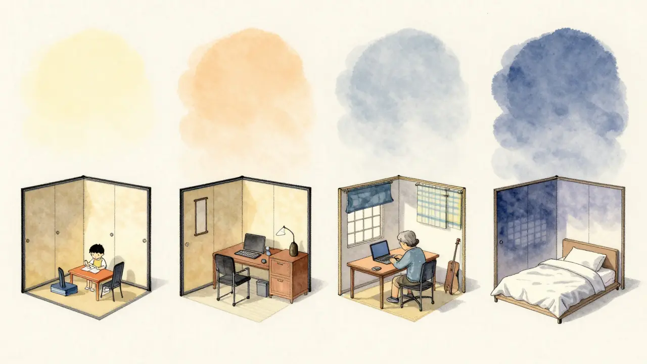 Jedna místnost se mění v průběhu dne: od dětské kanceláře přes pracovní prostor k místu pro fyzioterapii.