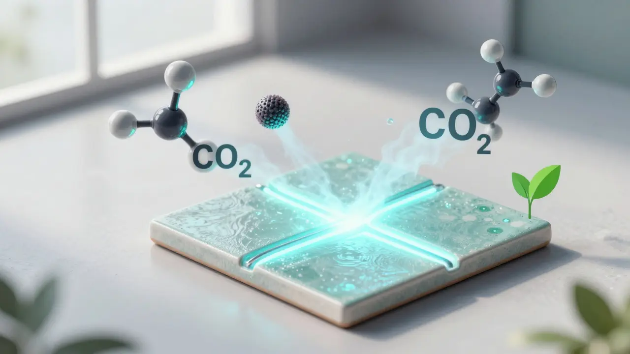 Keramická dlažba s fotokatalytickým povrchem, který rozkládá škodliviny pod slunečním světlem.