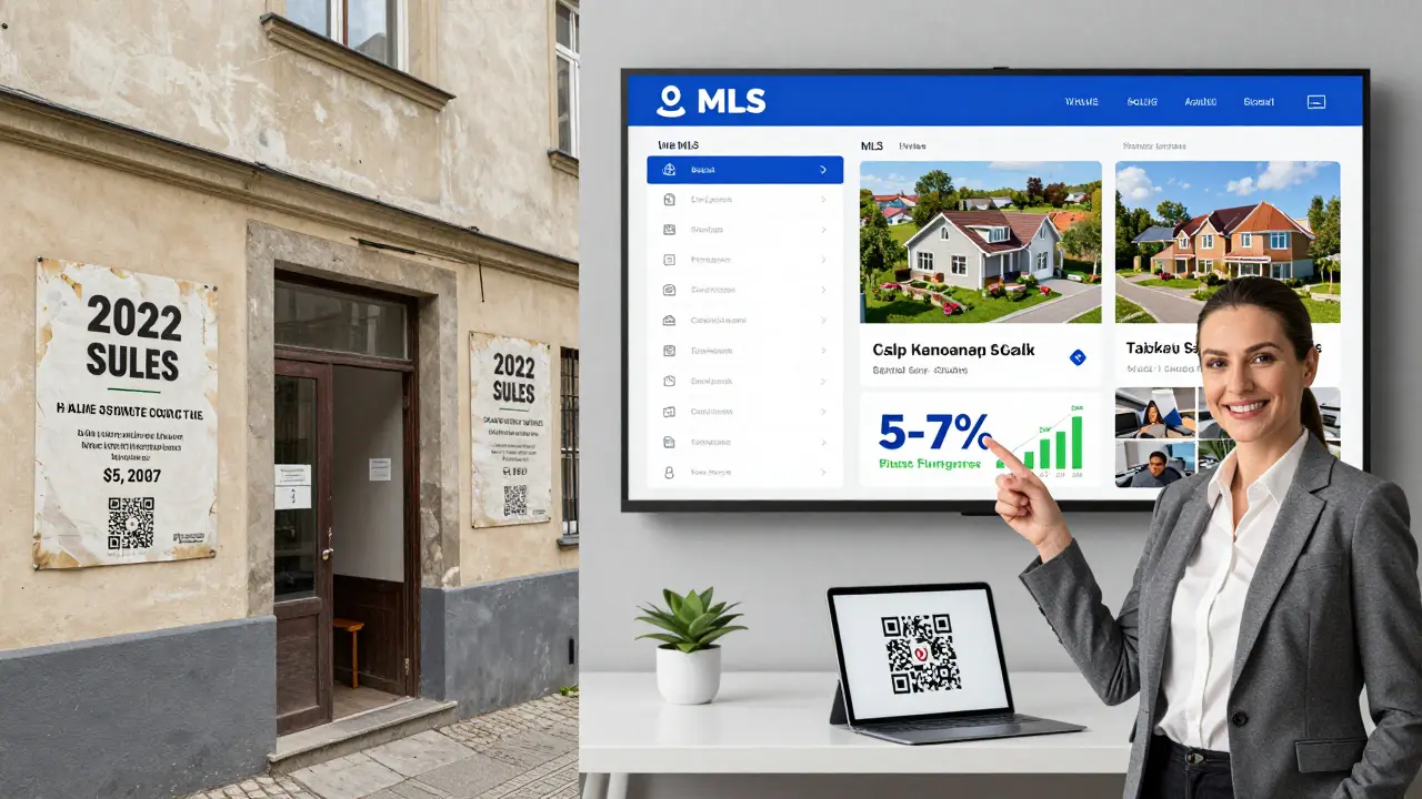 Kontrast mezi zastaralou a moderní realitní kanceláří s digitálními nástroji