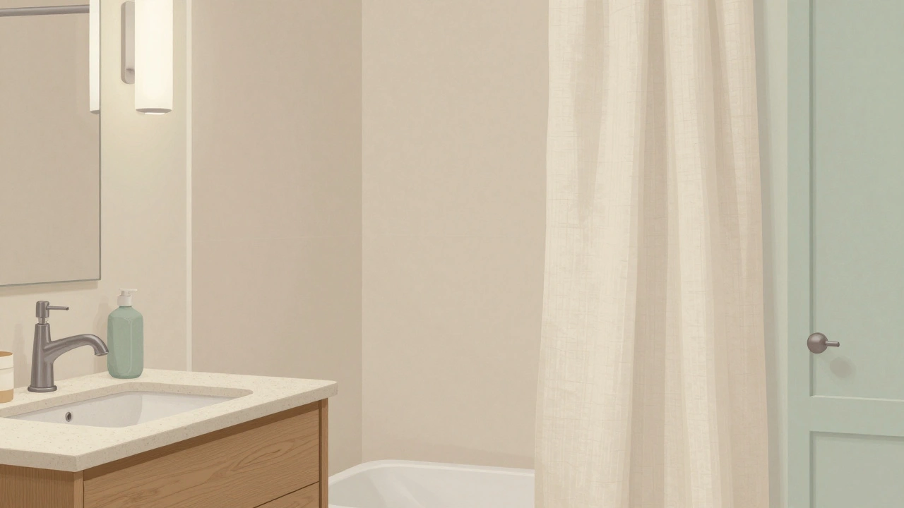 Koupelna v jemných pastelových tónech s přírodními texturami, teplým osvětlením a lněným závěsem.