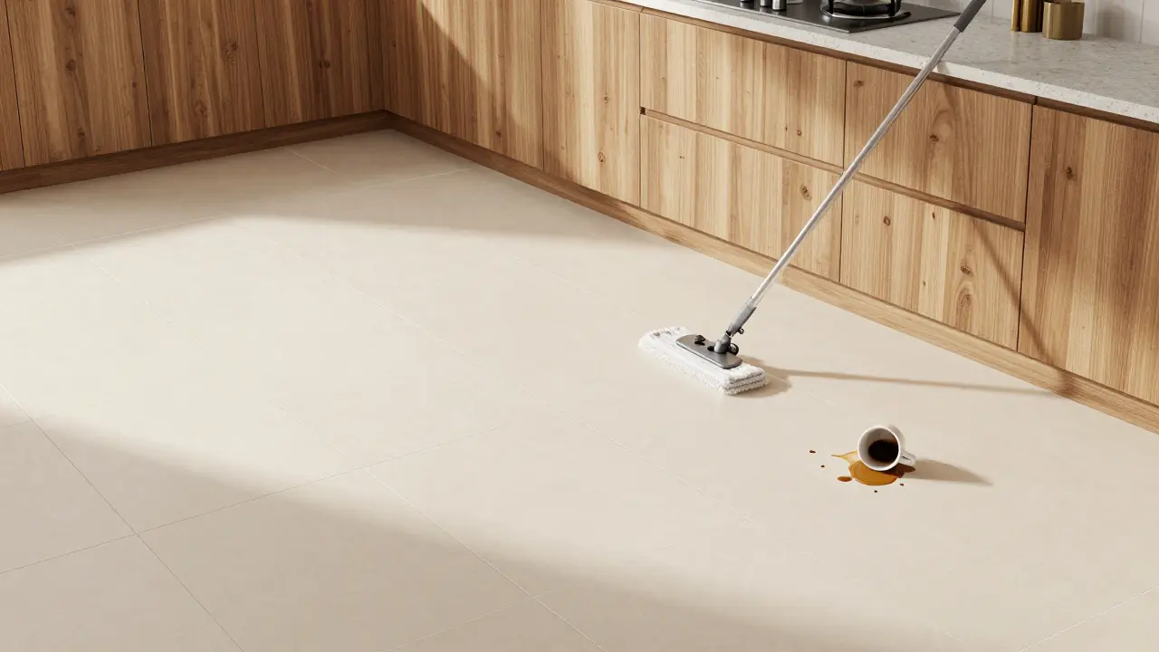 Kuchyně s velkoformátovou keramickou dlažbou, na které mop snadno odstraňuje skvrnu od kávy.