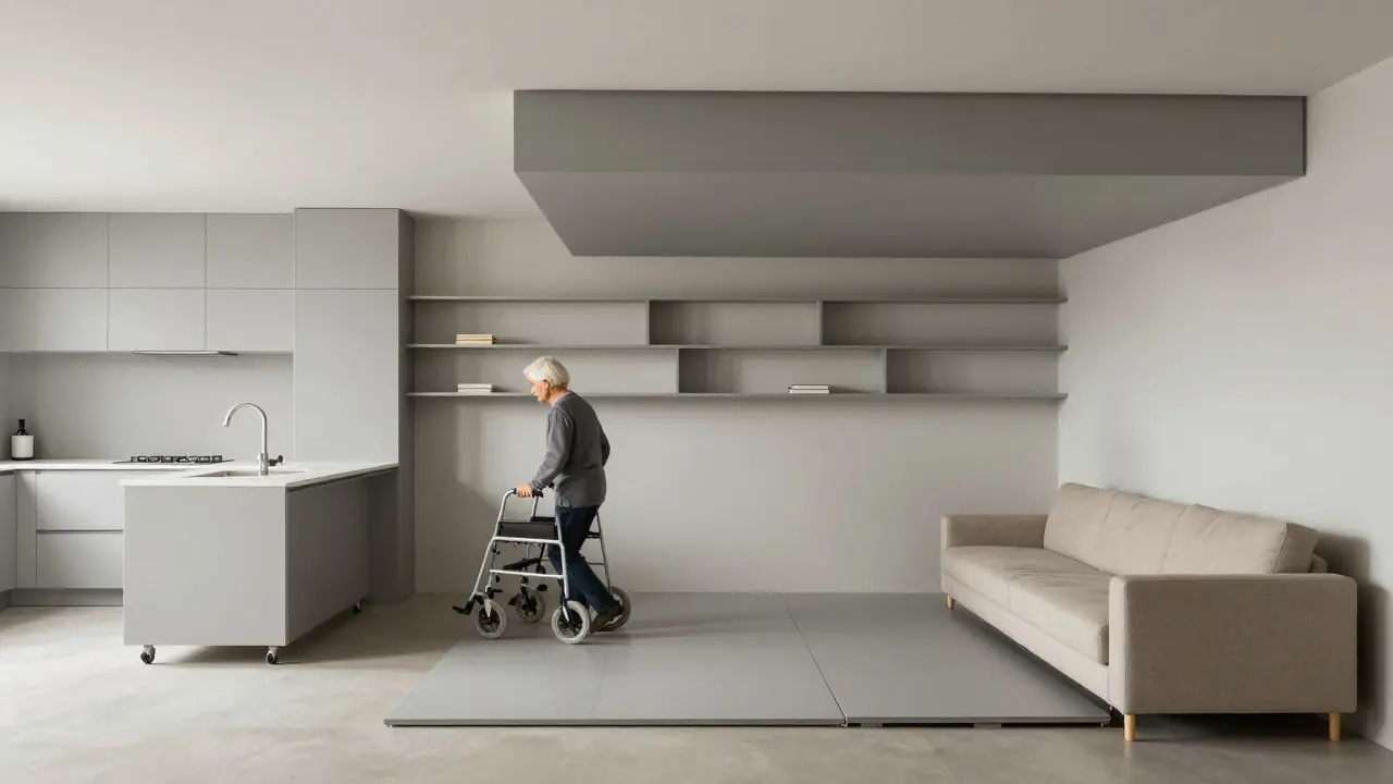 Kuchyňský ostrov na kolečkách se přesouvá, aby vytvořil plochý povrch pro seniora s oporou.