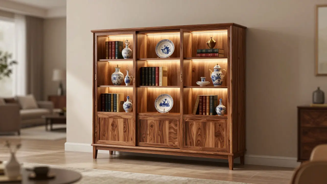 Luxusní vitrína z masivního dubu s profesionálním osvětlením, vystavující knihy a český porcelán.