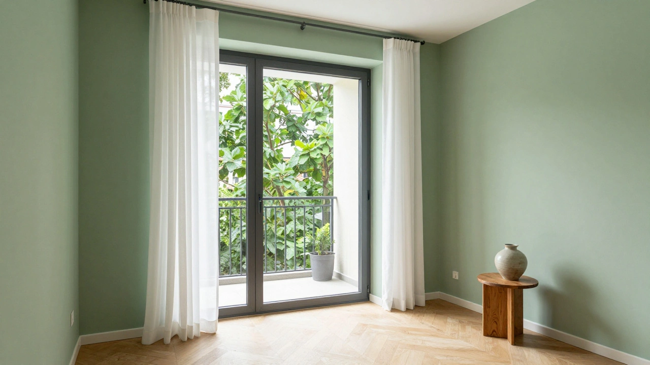 Malý byt se špenátovou zelení, skleněnými dveřmi do zahrady a dřevěným stolem, vytvářející efekt vnitřní zahrady.