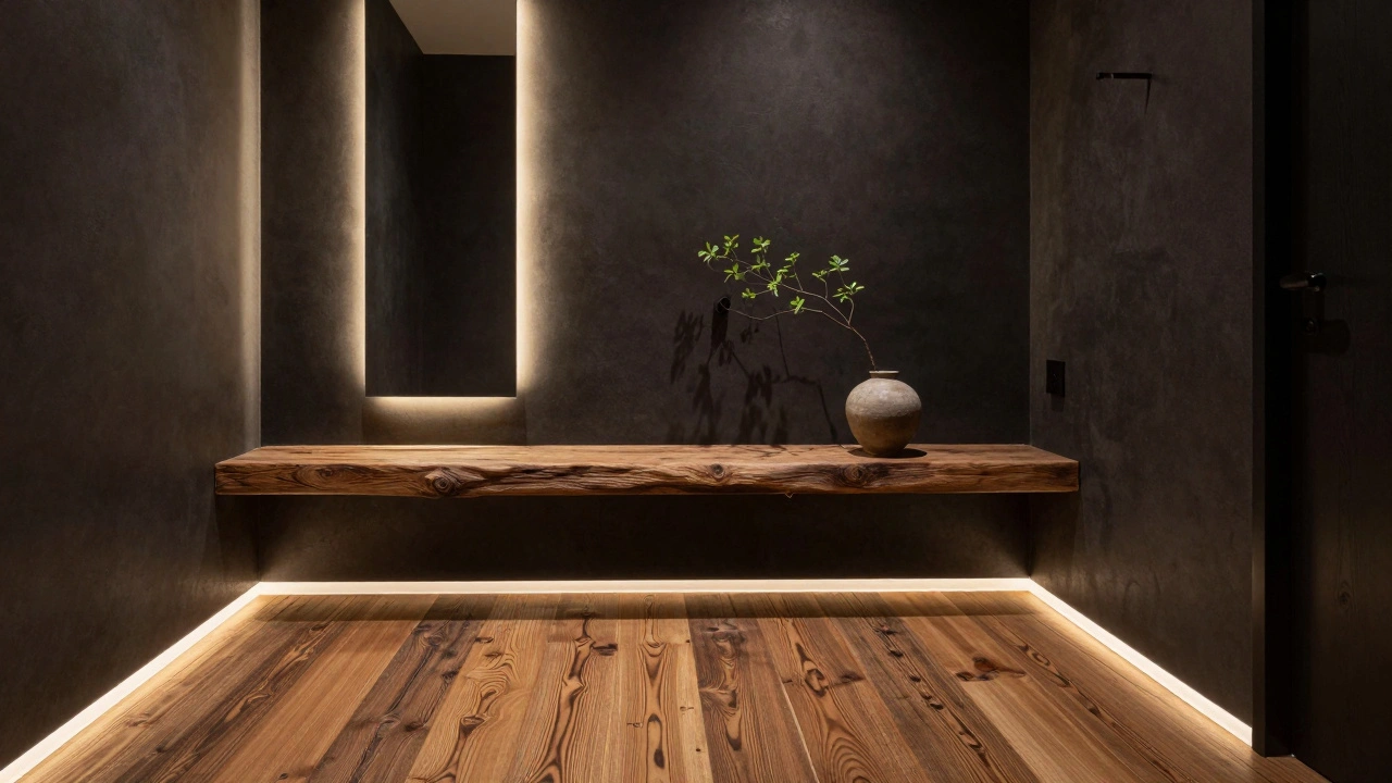 Moderní hybridní koupelna s tmavými stěnami, dřevěným regálem a jemným osvětlením, v klidné atmosféře.