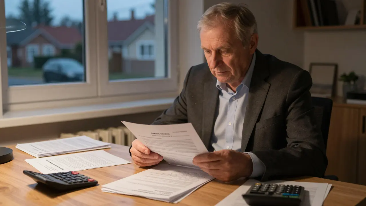 Muž v kostýmu prohlíží dokumenty pro hypotéku na stole s potvrzeními a kalkulačkou, za ním výhled na domy ve večerním světle.