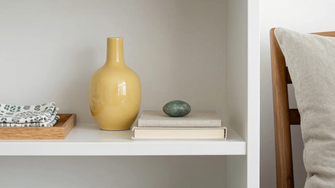 Polička s žlutou vázou, zeleným kamenem a lněnou knihou, doplněná textiliemi ve stejných tónech.