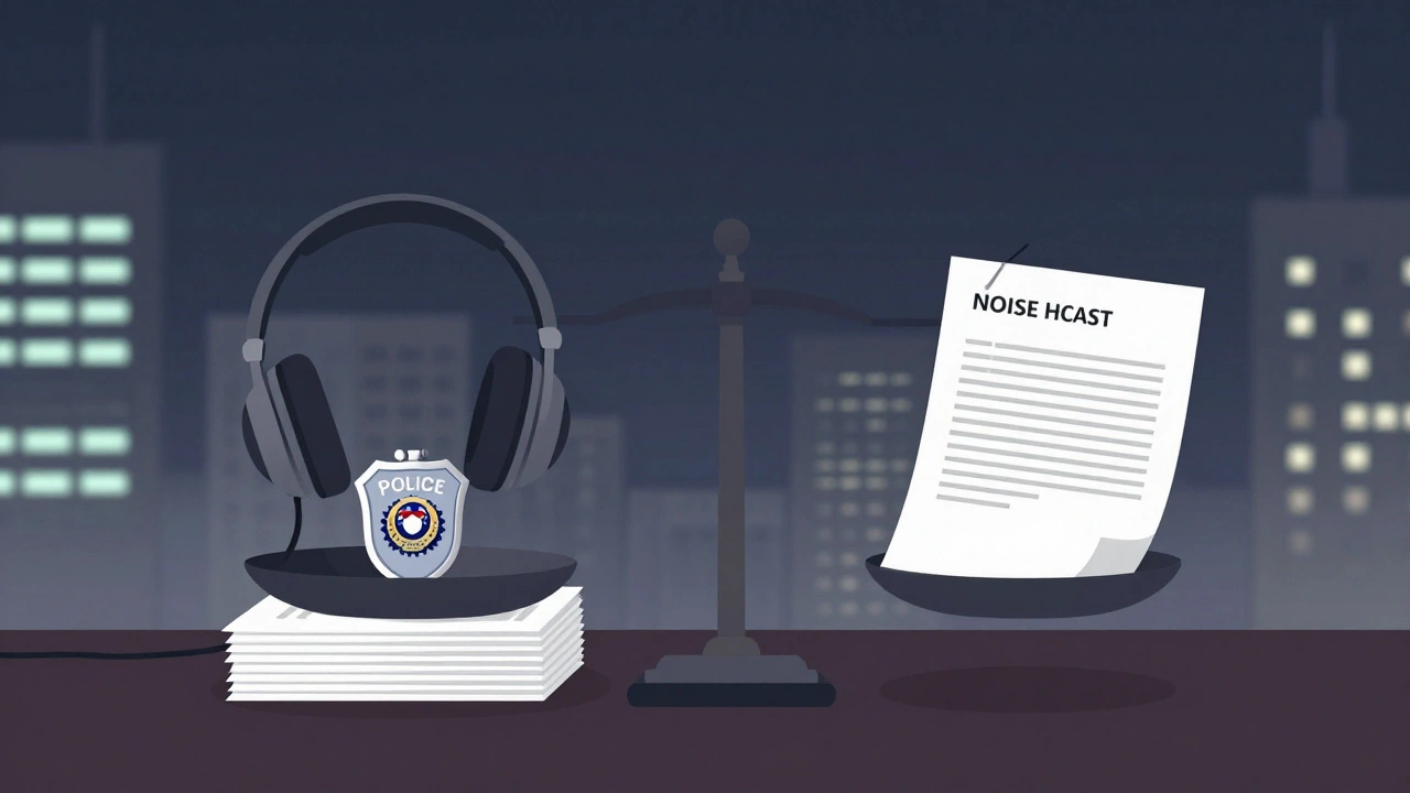 Právní váha symbolizující rovnováhu mezi hlučným chováním a důkazy pro žádost o klid.