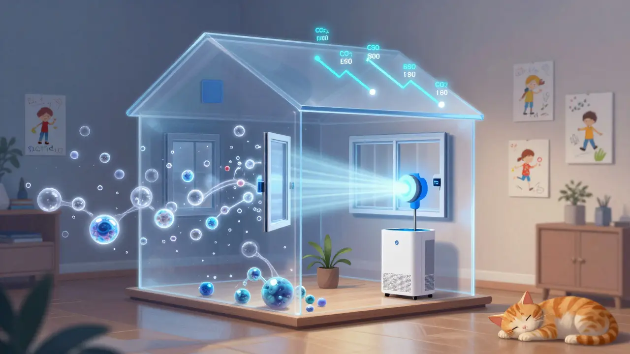 Průřez domem s chytrým senzorem, který aktivuje větrání a čističku vzduchu, CO₂ klesá z červené do zelené.