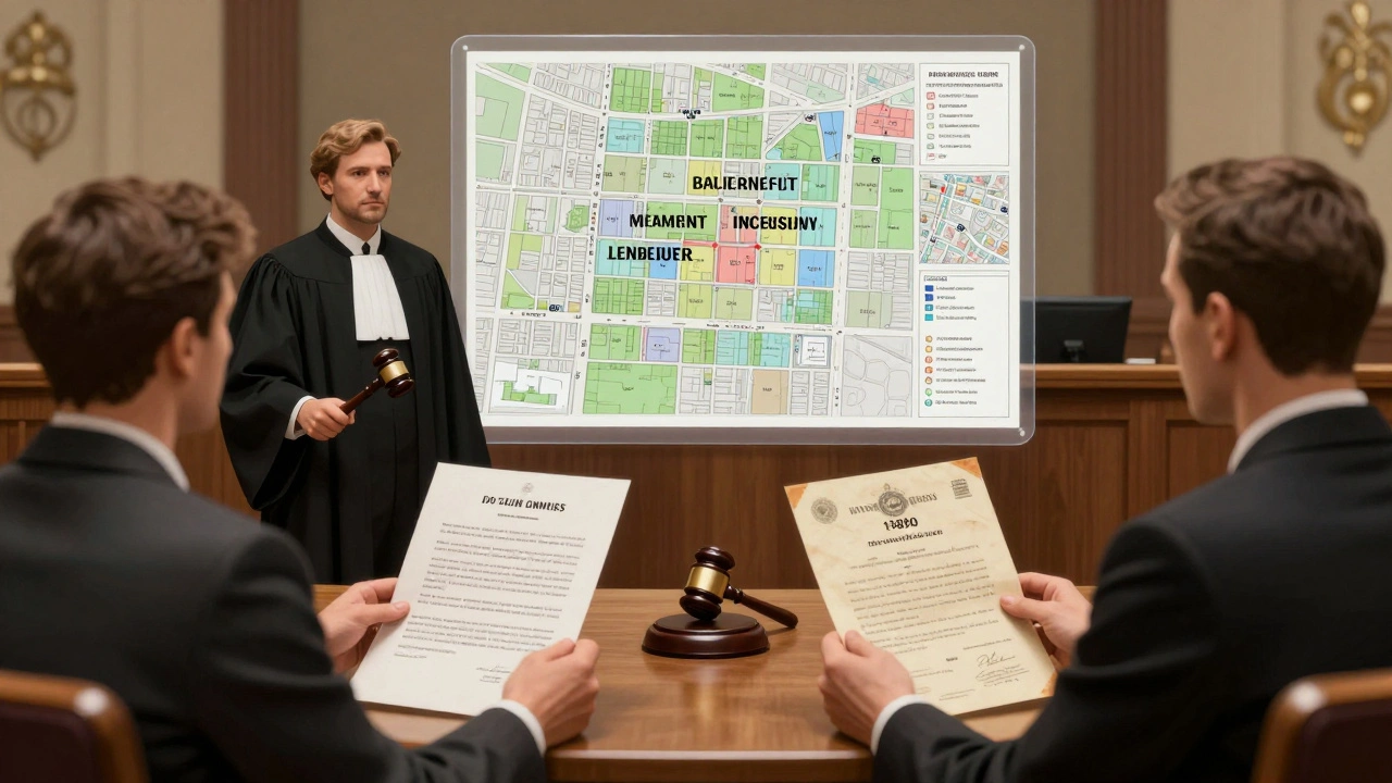 Soudní jednání v Praze s dvěma stranami a přehledem katastrálního zápisu nad nimi.