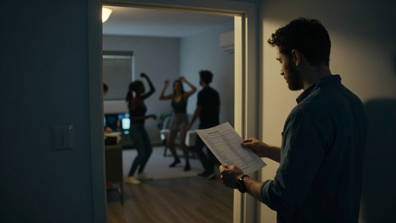 Soused se pokouší klidně komunikovat s hlučným sousedem ve vchodu bytového domu v noci.