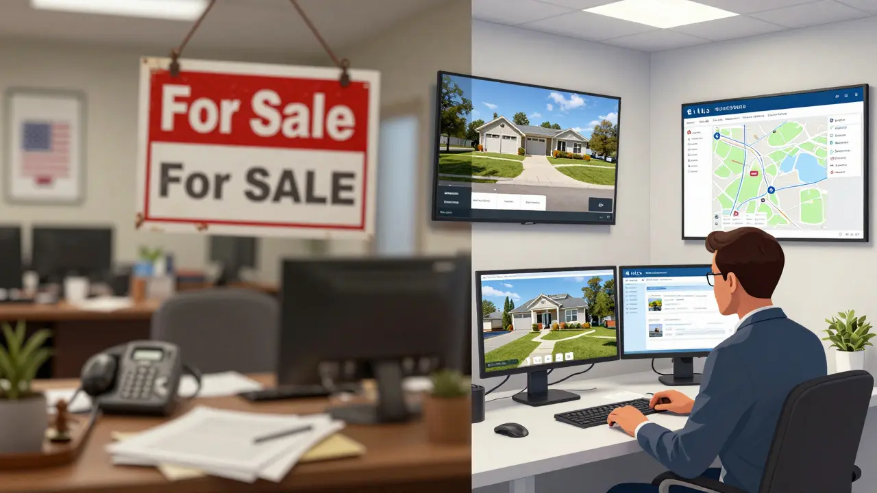 Split-screen comparison: messy outdated office vs. modern agency with digital marketing tools.