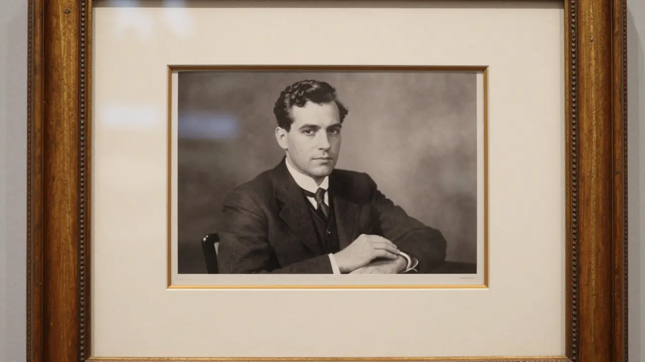 Stará černobílá fotografie v archivním paspartu a zdobeném dřevěném rámu s muzeálním sklem.