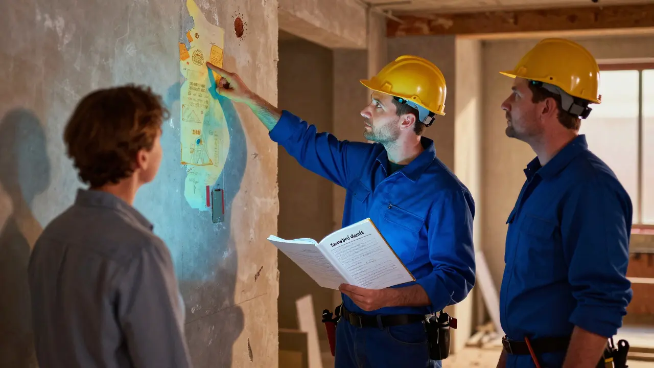 Stavební dozor ukazuje domácímu investoru skrytou vadu izolace pomocí tepelné kamery.