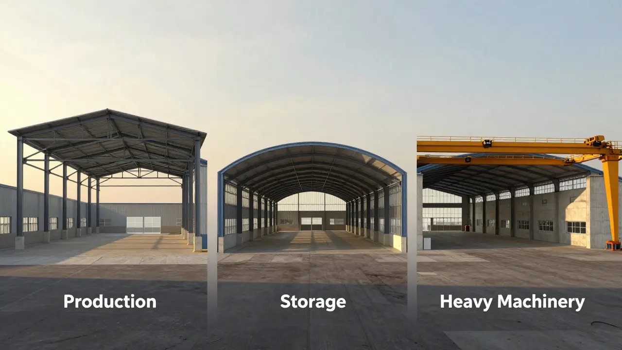 Three types of industrial buildings side by side: steel frame, arch, and concrete.