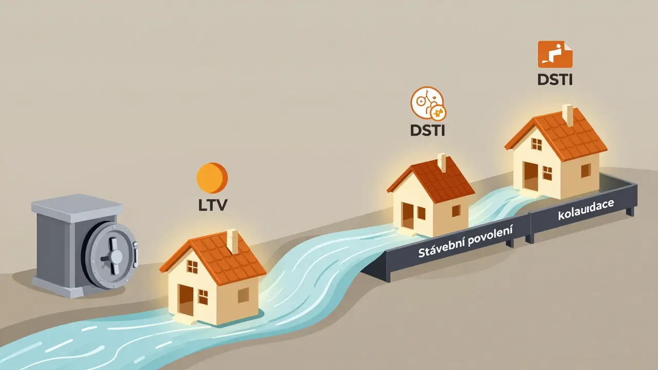 Tok financí při stavbě domu s vyznačenými poměry LTV, DTI a DSTI, překážky z důvodu chybějících dokumentů.