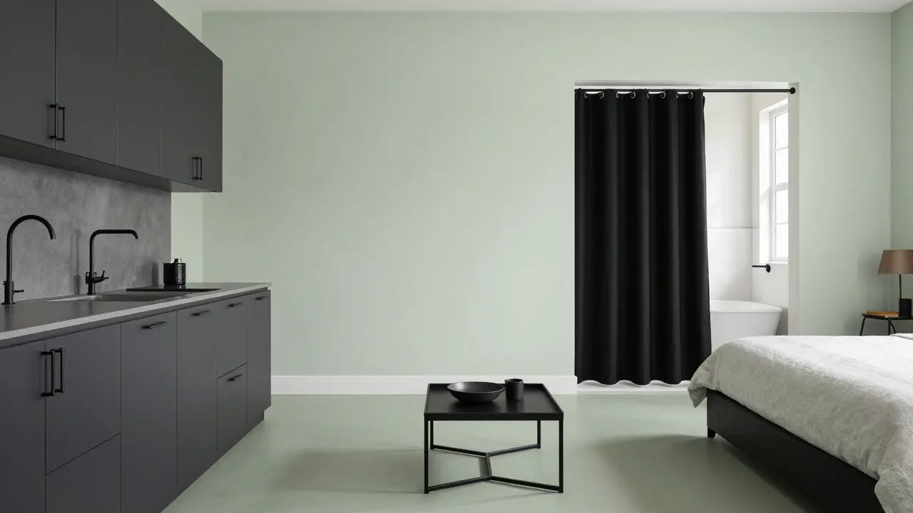 Tři propojené místnosti s černými kovovými detaily a jemně zelenou dlažbou, vytvářející jednotnou tematiku.