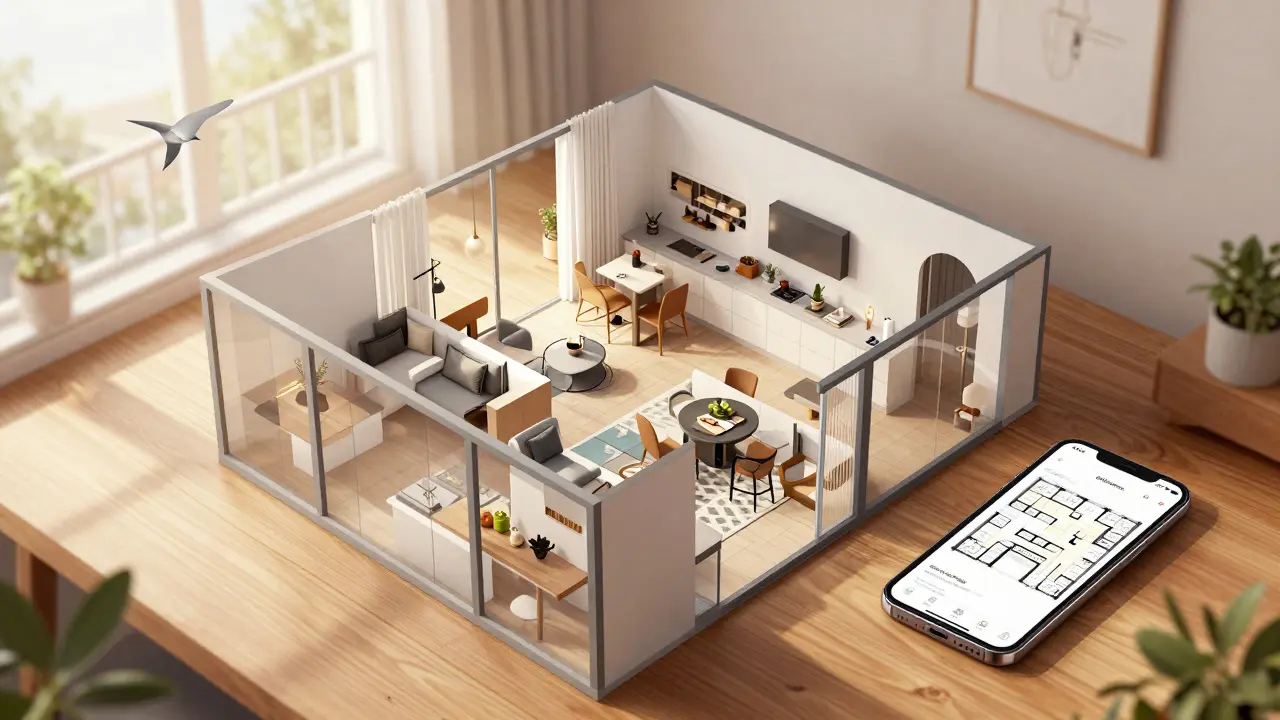 3D pohled shora na luxusní byt s otevřenou kuchyní a balkónem.