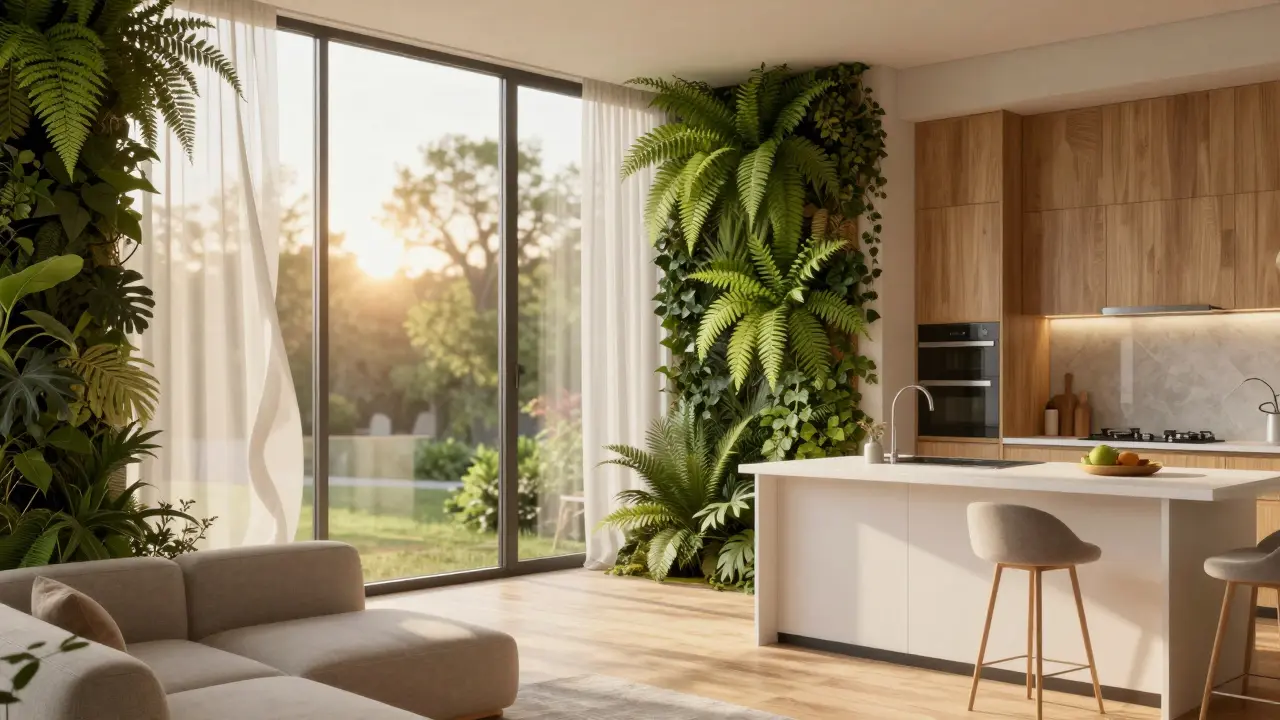 Biofilický interiér s zelenými stěnami, přirozeným světlem a dřevěnými prvky, vytvářející klidnou atmosféru.