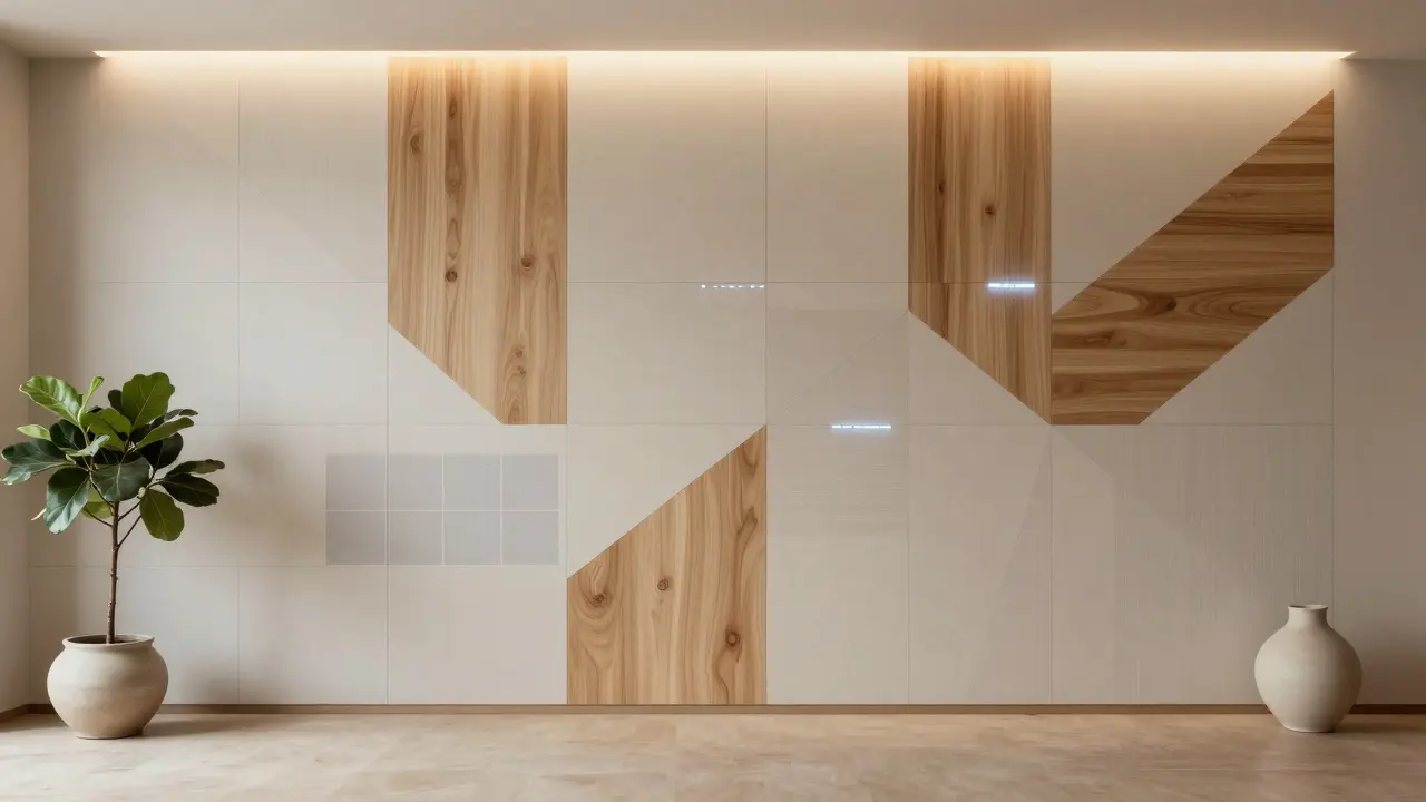 Budoucí tapeta s geometrickým vzorem a dřevěnými vložkami, s tenkými fotovoltaickými prvky, teplé osvětlení, přírodní prvky.