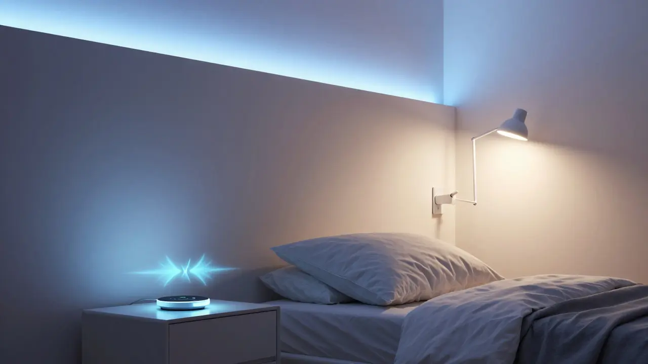Chytrý noční stůl s bezdrátovým nabíjením a biodynamickým osvětlením v moderní ložnici.