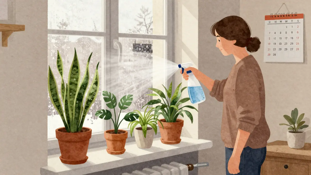 Člověk postřikuje pokojové rostliny rozprašovačem v zimě, vedle teplárny a viditelně suchým vzduchem.