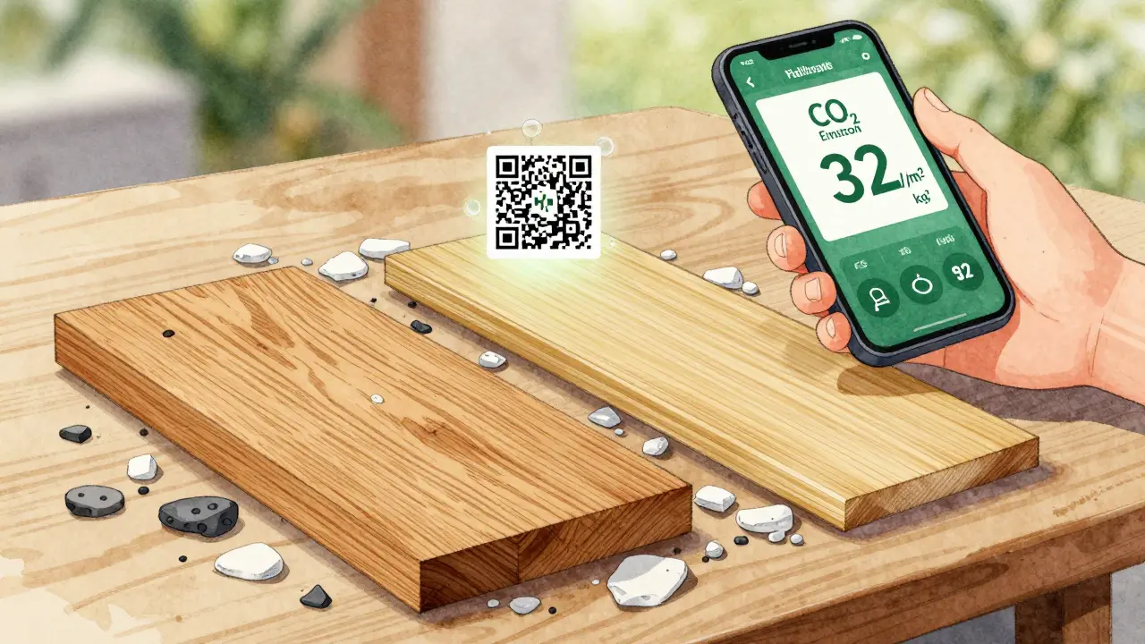 Detail materiálů udržitelného nábytku: dub, bambus a recyklovaný plast s QR kódem ukazujícím uhlíkovou stopu.