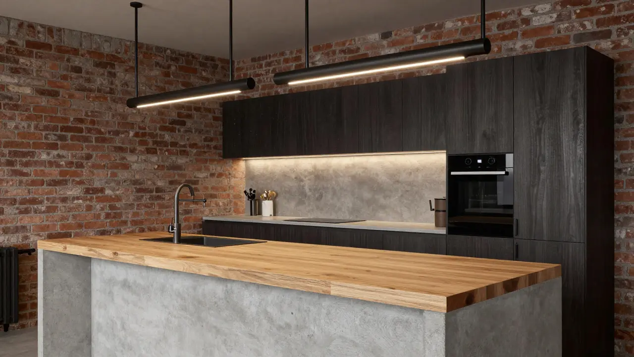 Hybridní kuchyně s betonovým ostrovem, dřevěným okrajem a kovovým osvětlením v loftovém stylu.