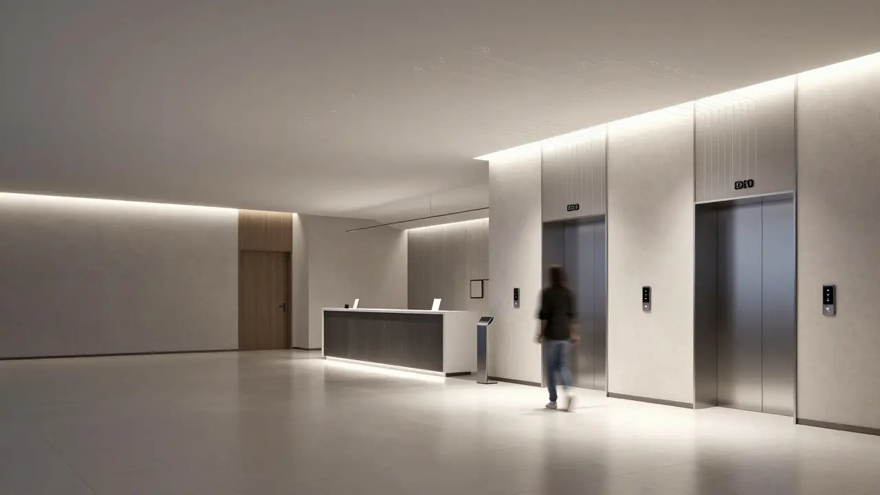 Intelligent lighting system adjusting brightness automatically as people approach reception.