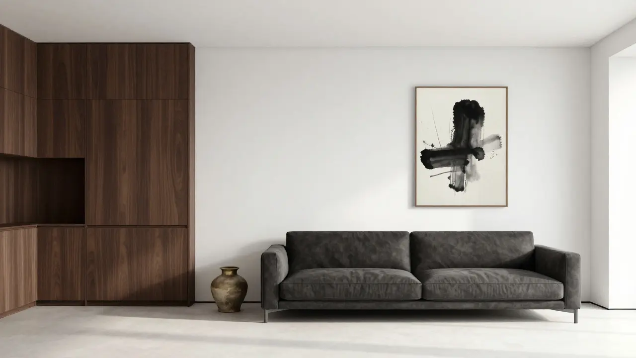 Japandi styl s tmavým dřevem, bílými stěnami a jednoduchým nábytkem, bez jakýchkoli dekorací.