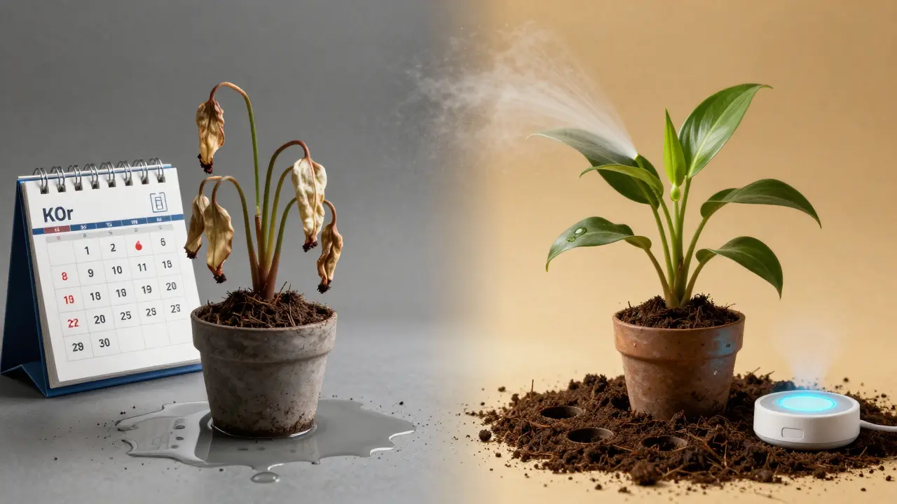 Kontrast mezi přelitou, zahynulou rostlinou a zdravou rostlinou s správnou péčí — rozdělený obraz.