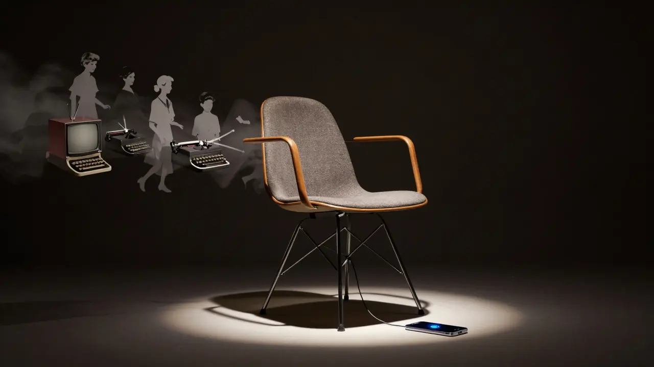 Křeslo z 50. let ve středu světla, kolem něj se rozpouští obrazy minulosti a moderní nabíječka.