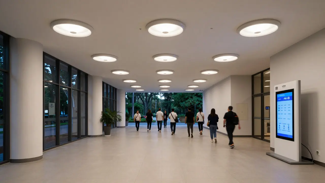 Large lobby illuminated by ceiling-mounted LED UFO lights with uniform brightness and no shadows.