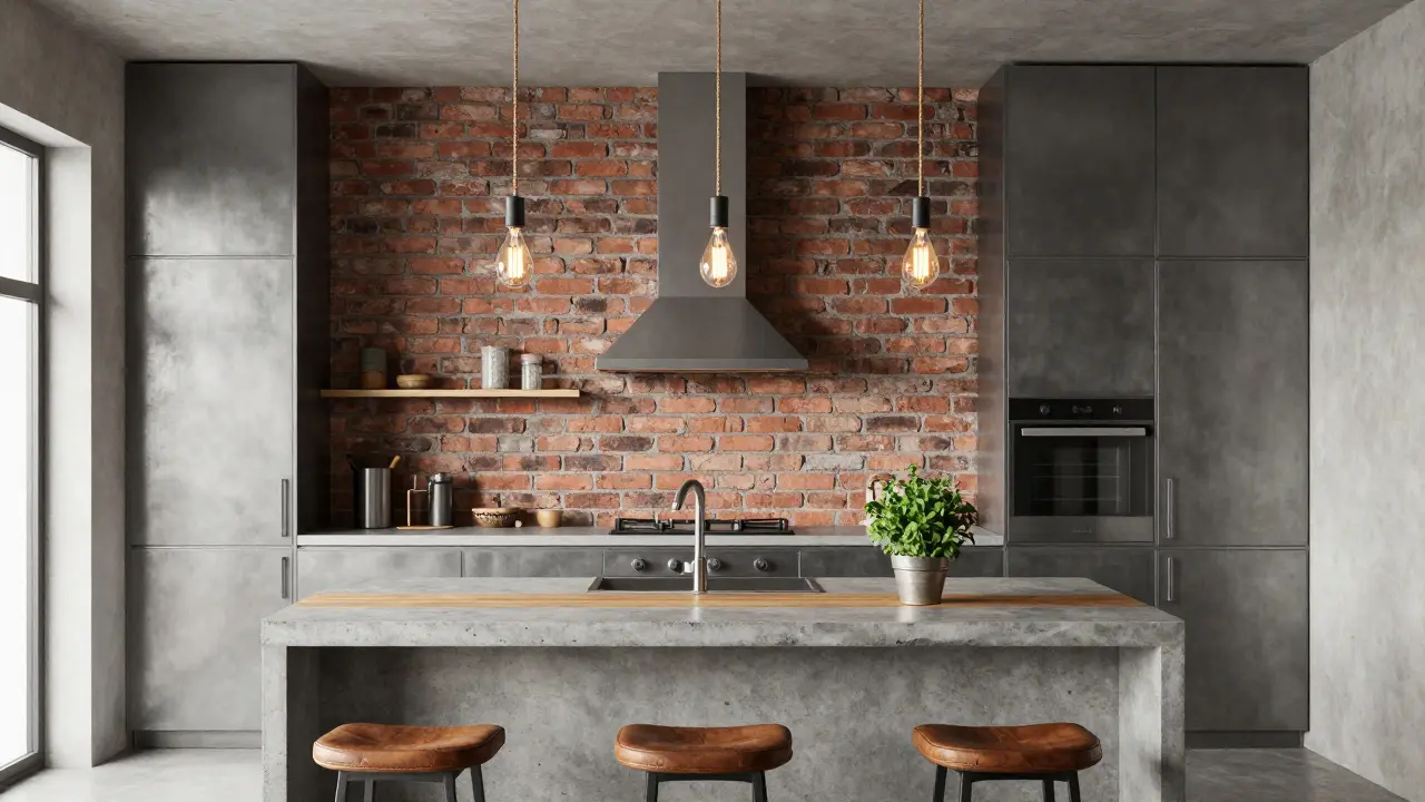 Mírně industrializovaná kuchyně s cihlovou stěnou, dřevěným vložkem a koženými židlemi, 2026.
